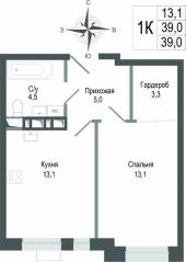 ЖК «Киноквартал», планировка 1-комнатной квартиры, 39.00 м²
