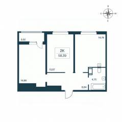 ЖК «Расцветай в Янино», планировка 2-комнатной квартиры, 58.70 м²
