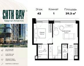 ЖК «City Bay», планировка 1-комнатной квартиры, 39.30 м²