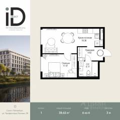 ЖК «ID Petrogradskaya», планировка 1-комнатной квартиры, 38.62 м²