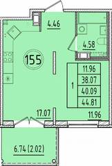 МЖК «Образцовый квартал 17», планировка 1-комнатной квартиры, 38.07 м²