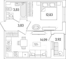 ЖК «Гранат», планировка 1-комнатной квартиры, 36.06 м²