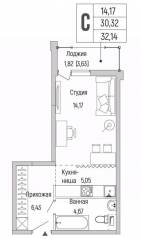 ЖК «Riga Hills», планировка студии, 32.14 м²