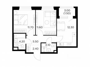 ЖК «Квартал Белый Град», планировка 2-комнатной квартиры, 52.30 м²