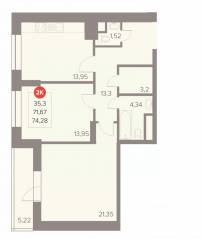 ЖК «Отлично», планировка 2-комнатной квартиры, 74.28 м²