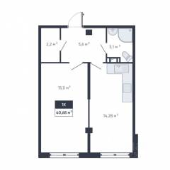 ЖК «Ромашки», планировка 1-комнатной квартиры, 40.68 м²