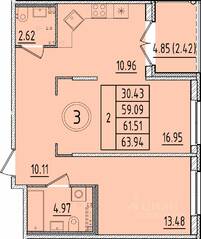МЖК «Образцовый квартал 17», планировка 2-комнатной квартиры, 59.09 м²