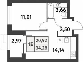 ЖК «Smart Garden», планировка 1-комнатной квартиры, 34.20 м²