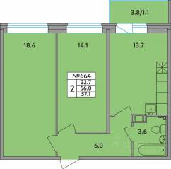ЖК «Удача», планировка 2-комнатной квартиры, 57.10 м²