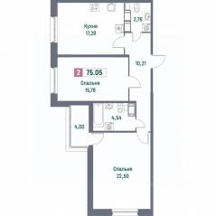 ЖК «Фотограф», планировка 2-комнатной квартиры, 75.05 м²