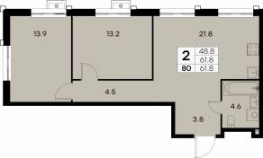 ЖК «Куркино 15», планировка 2-комнатной квартиры, 61.80 м²