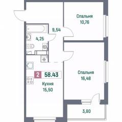 ЖК «Фотограф», планировка 2-комнатной квартиры, 58.43 м²