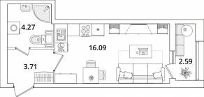 ЖК «БелАрт», планировка студии, 25.40 м²
