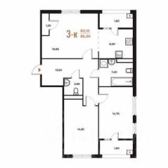 ЖК «Новое Летово», планировка 3-комнатной квартиры, 85.30 м²