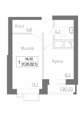 МЖК «Новое Замитино», планировка 1-комнатной квартиры, 32.60 м²