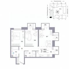 ЖК «Страна.Озерная», планировка 3-комнатной квартиры, 68.43 м²