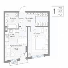МЖК «Эльйон», планировка 1-комнатной квартиры, 48.90 м²