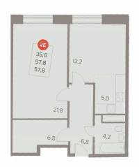 ЖК «Отлично», планировка 2-комнатной квартиры, 57.80 м²
