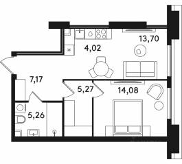 ЖК «Solos», планировка 1-комнатной квартиры, 49.50 м²