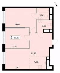 ЖК «Self», планировка 2-комнатной квартиры, 61.80 м²