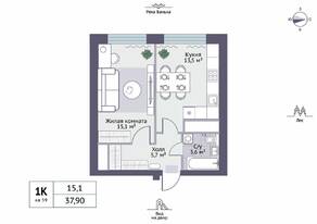 МЖК «Новое Замитино», планировка 1-комнатной квартиры, 37.90 м²