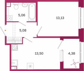 ЖК «Дом на Курской», планировка 1-комнатной квартиры, 38.96 м²