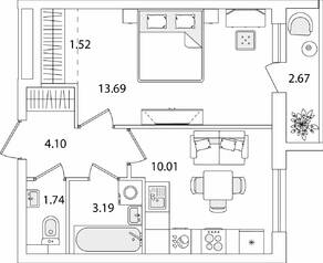 ЖК «Кинопарк», планировка 1-комнатной квартиры, 35.59 м²