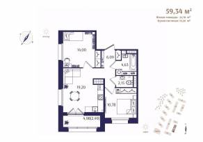 ЖК «Ranta Residence», планировка 2-комнатной квартиры, 59.34 м²