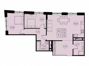 ЖК «7 небо», планировка 3-комнатной квартиры, 72.90 м²