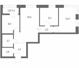 ЖК «NEWПИТЕР», планировка 3-комнатной квартиры, 66.85 м²