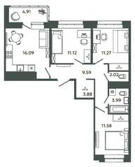 ЖК «Загляденье», планировка 3-комнатной квартиры, 68.25 м²