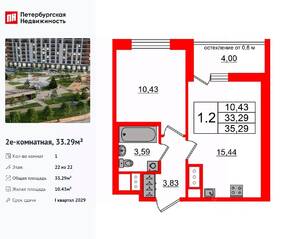 ЖК «Город звезд», планировка 1-комнатной квартиры, 33.29 м²