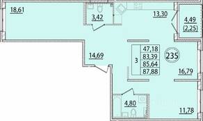 МЖК «Образцовый квартал 15», планировка 3-комнатной квартиры, 83.39 м²