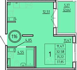 МЖК «Образцовый квартал 16», планировка 1-комнатной квартиры, 32.58 м²