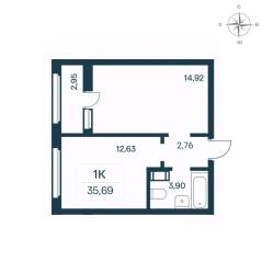 ЖК «Расцветай в Янино», планировка 1-комнатной квартиры, 35.20 м²