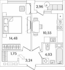ЖК «Лайнеръ», планировка 1-комнатной квартиры, 35.53 м²