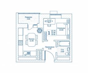 ЖК «Новоград Монино», планировка 1-комнатной квартиры, 34.30 м²