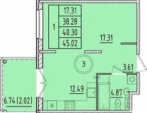 МЖК «Образцовый квартал 17», планировка 1-комнатной квартиры, 38.28 м²