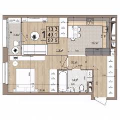 ЖК «Гранд Комфорт», планировка 1-комнатной квартиры, 52.50 м²