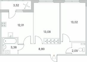 МЖК «Любоград», планировка 2-комнатной квартиры, 54.14 м²