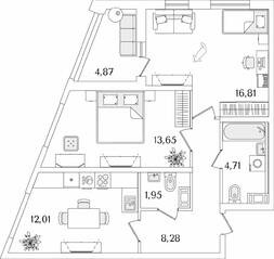 ЖК «Лайнеръ», планировка 2-комнатной квартиры, 59.85 м²