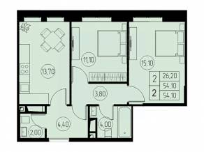 ЖК «31 квартал», планировка 2-комнатной квартиры, 54.10 м²