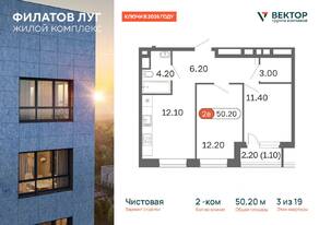 ЖК «Квартал  Филатов луг», планировка 2-комнатной квартиры, 50.20 м²