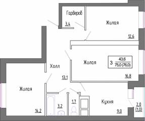 МЖК «Новое Замитино», планировка 3-комнатной квартиры, 75.50 м²