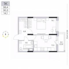 ЖК «Пироговская Ривьера», планировка 1-комнатной квартиры, 36.20 м²