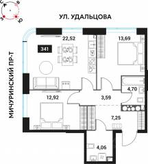 ЖК «Инноватор», планировка 3-комнатной квартиры, 68.73 м²