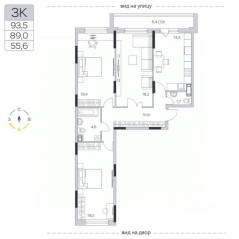ЖК «Пироговская Ривьера», планировка 3-комнатной квартиры, 89.60 м²