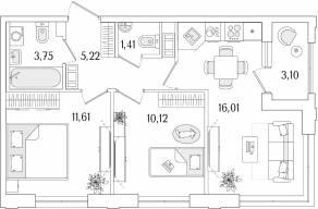 ЖК «Гранат», планировка 2-комнатной квартиры, 49.67 м²