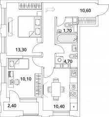 ЖК «Тайм Сквер», планировка 2-комнатной квартиры, 52.00 м²