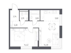 ЖК «Квартал Авиаторов», планировка 1-комнатной квартиры, 47.96 м²